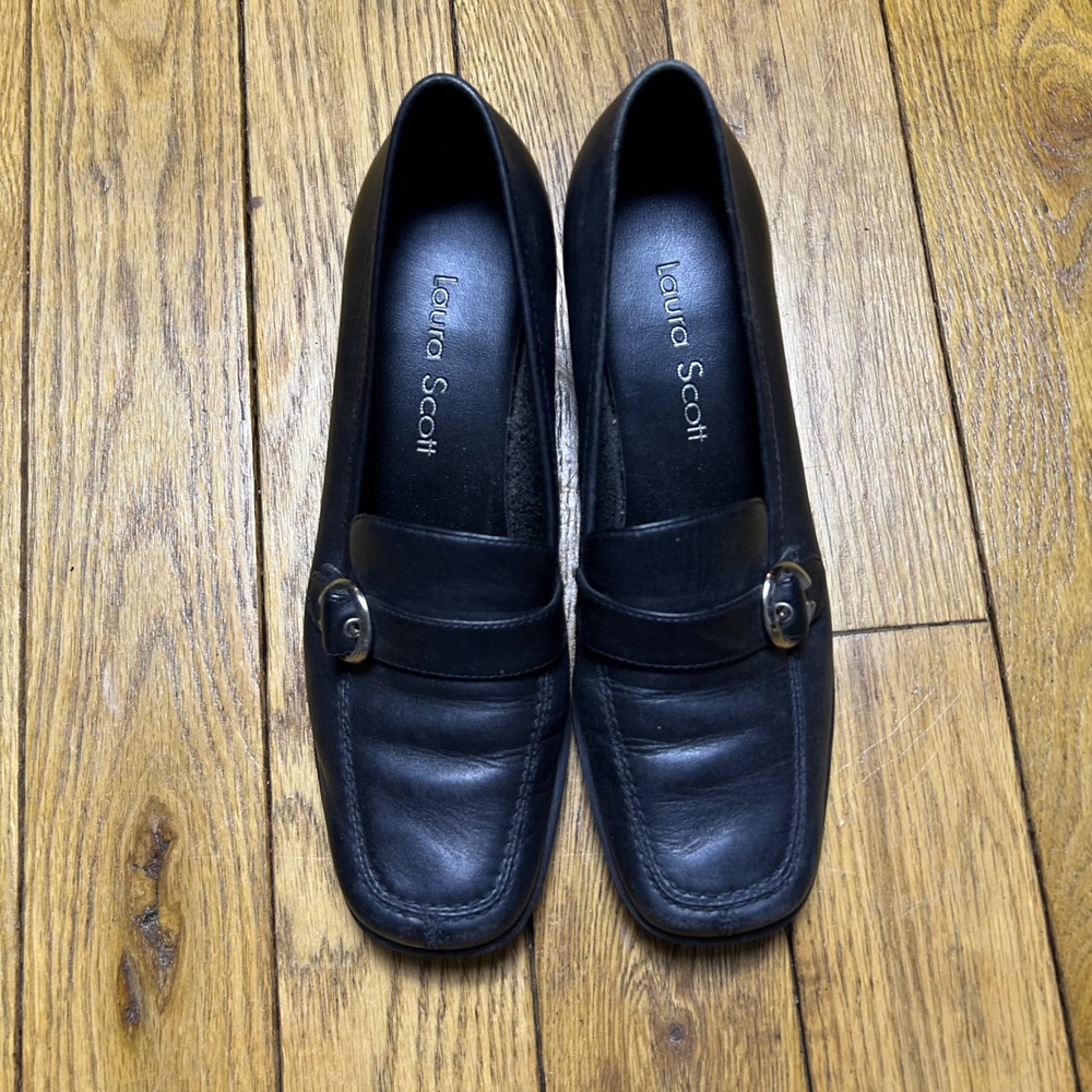 Vintage Laura Scott Black Leather Block Heel Loafers Square Toe Buckle Pumps 7.5